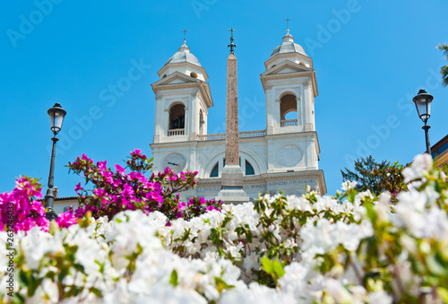 Flowers of the Spanish Steps and the church of the Santissima Trinita dei Monti in sunny spring day. Rome. Italy © E.O.