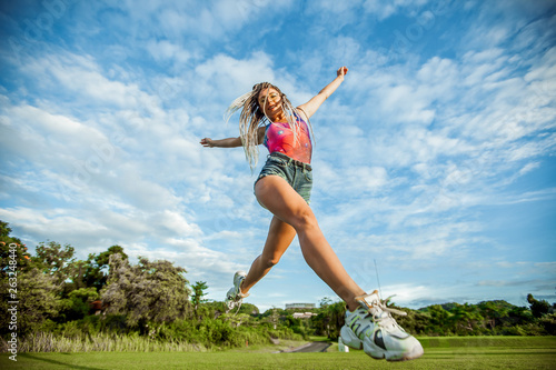 Girl jumping bottom view