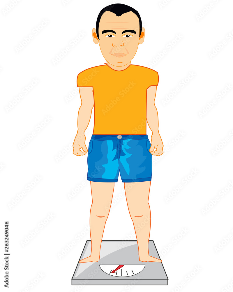 Fototapeta premium Vector illustration men on weight measuring weight