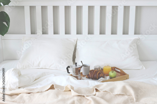 Morning Breakfast in bed. Coffee, croissants, fresh orange juice.