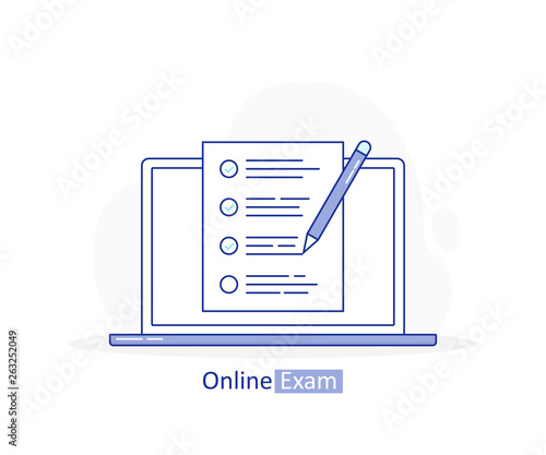 Online exam, laptop with checklist and pencil, taking test, choosing answer, questionnaire form, education. Modern line vector illustration