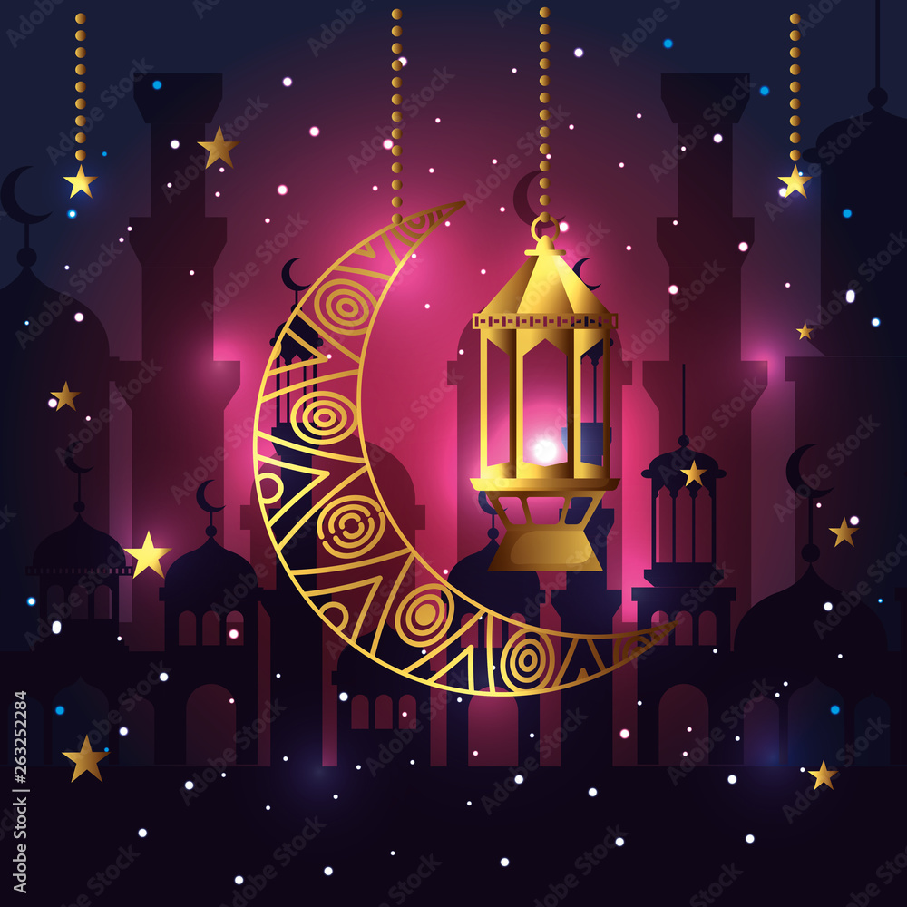 moon and lamp hanging to ramadan kareem