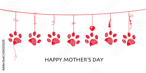 Happy Mother's day card with border design hanging red paw prints
