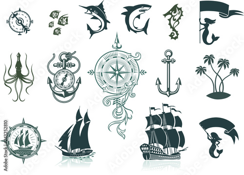 Set of Sailing Ships, Sea Life and Marine Emblems