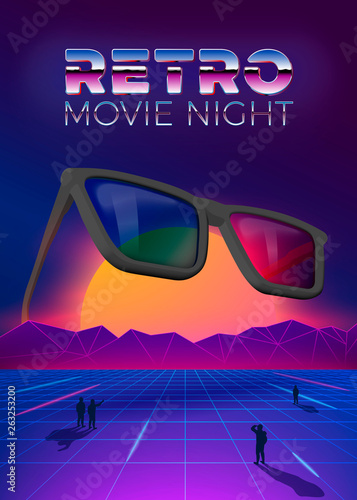 Vector retro movie night poster design template in 80s vintage futurism style, with 3d glasses on the sun background, and people gaze on it. 