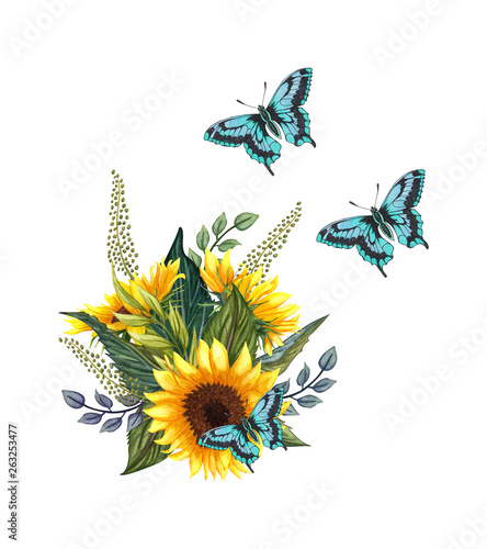 Canvas Print Watercolor floral wreath with sunflowers anf butterflies , leaves, foliage, branches, fern leaves and place for your text
