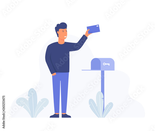 Happy man got an important letter. Businessman is standing nearby mailbox and holding an envelope. Modern hand drawn cartoon vector illustrations