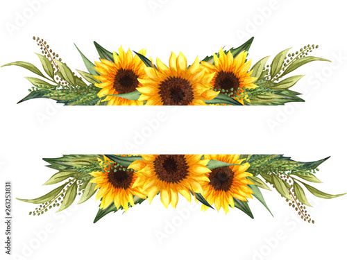 Watercolor floral wreath with sunflowers,leaves, foliage, branches, fern leaves and place for your text.