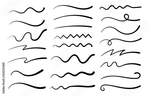 Hand drawn collection of curly swishes, swashes, swoops. Calligraphy swirl. Quotes icons. Highlight text elements photo