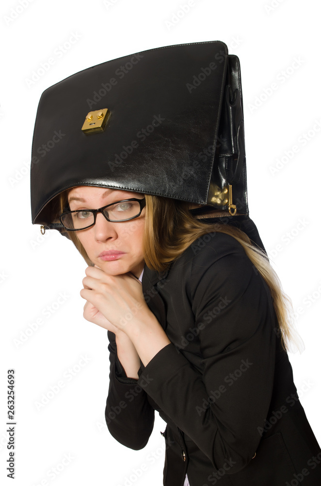 Young female employee with briefcase isolated on white Young female employee with briefcase isolated on white