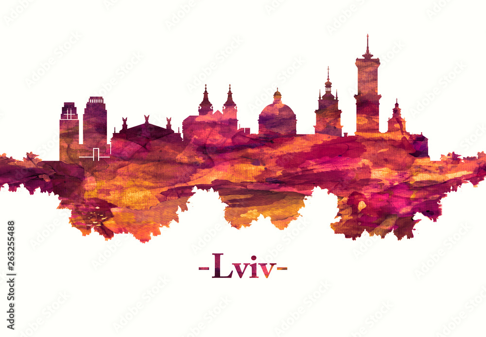 Fototapeta premium Lviv Ukraine skyline in red