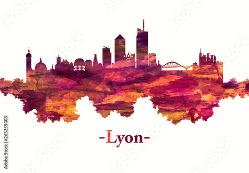 Lyon France skyline in red