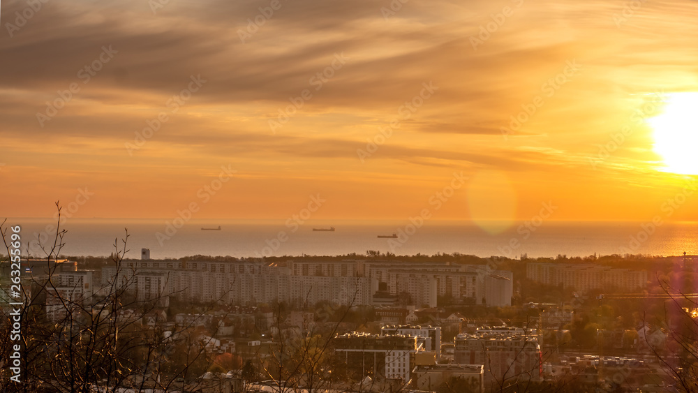 Panorama of Gdansk Zabianka. Aerial view of the city with the Baltic Sea and ships at sunrise. Panorama of Gdansk Zabianka. Aerial view of the city with the Baltic Sea and ships at sunrise.