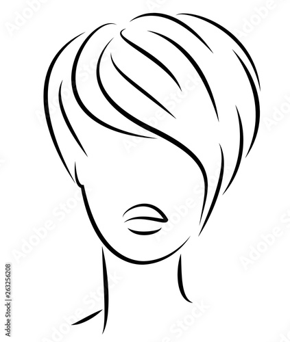 Silhouette of the head of a cute lady. The girl shows the hairstyle bob care with short and medium hair. Suitable for logo, advertising. Vector illustration.
