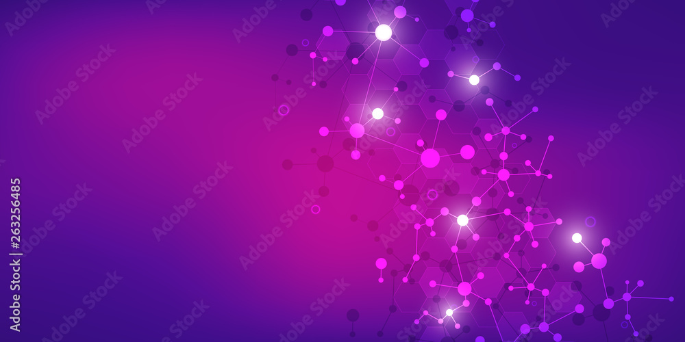 Obraz premium Abstract technology and innovation background with molecular structures and neural network. Molecules DNA and genetic engineering. Technical and scientific concept.