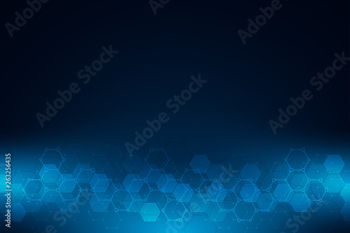 Abstract background of science and innovation technology. Technical background with hexagons pattern and molecular structures.