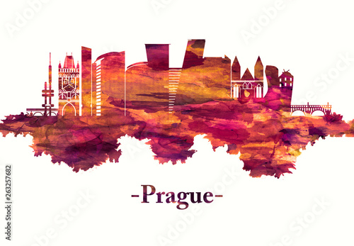 Prague Czech Republic skyline in red