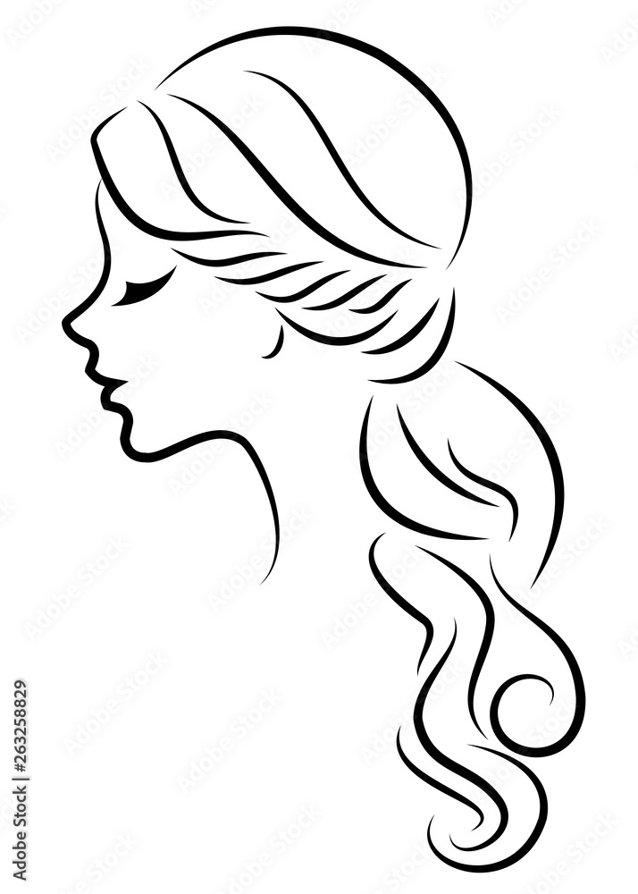 Silhouette of a profile of a sweet lady's head. The girl shows a female hairstyle on medium and long hair. Suitable for logo, advertising. Vector illustration.
