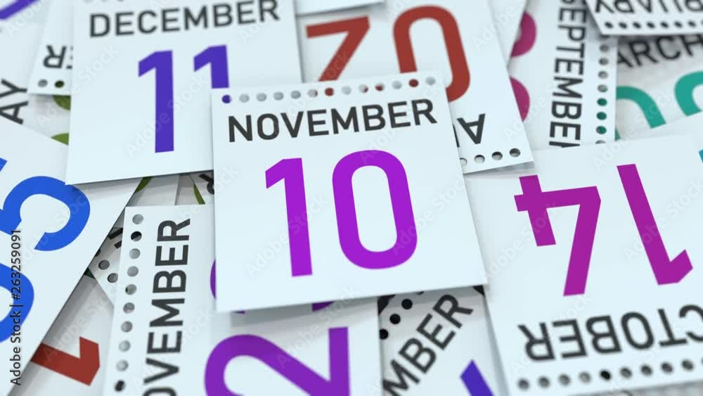 November 10 date on calendar leaf among other leaves, 3D animation November 10 date on calendar leaf among other leaves, 3D animation