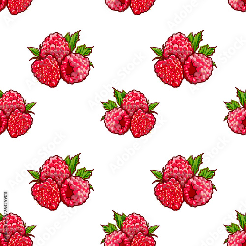 Marker Hand drawn isolated seamless pattern Raspberry on blue background banner. Sketched food background. Abstract colorful berry illustration. Design element for card, print, template, wallpaper
