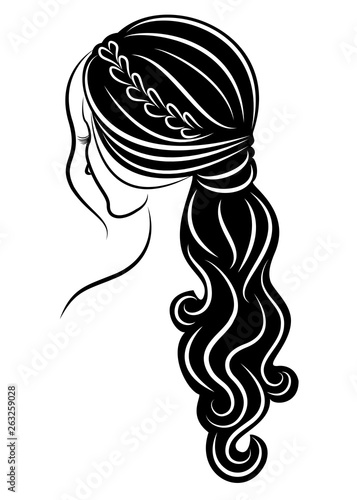 Silhouette of a profile of a sweet lady's head. The girl shows a female hairstyle on medium and long hair. Suitable for logo, advertising. Vector illustration.