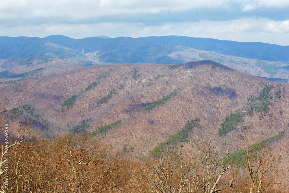 Scenic view of the Blue Ridge mountains from an overlook along the Blue Ridge Parkway south of Waynesboro, Virginia