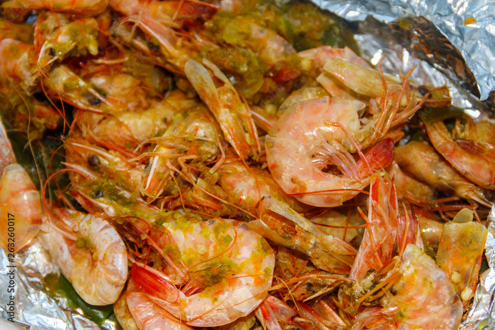 Close-up of shrimps baked in foil