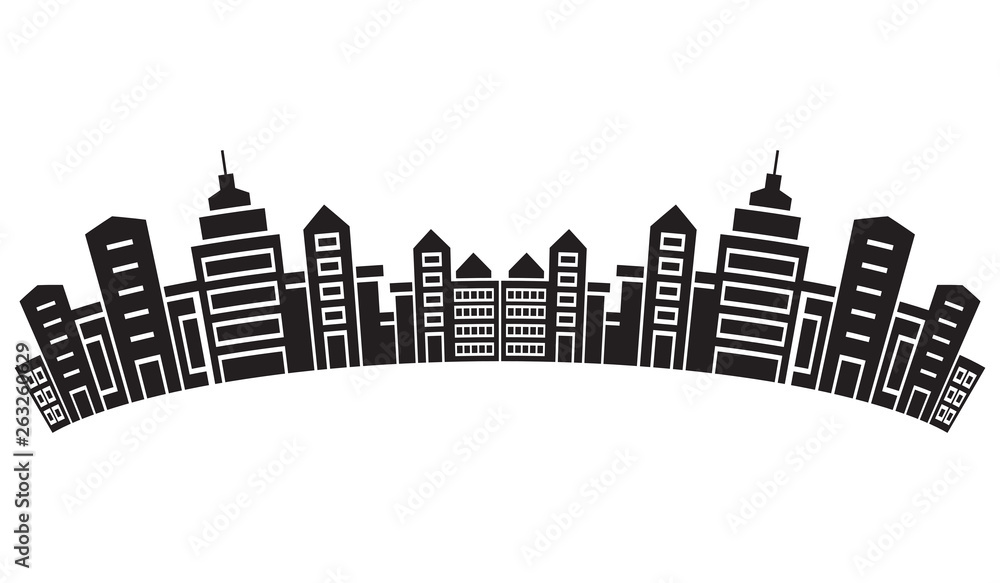 city skyline, silhouette collection of building curve shape on white background