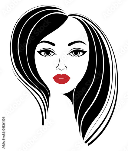 Silhouette of a head of a sweet lady. The girl shows her hairstyle on long and medium hair. The woman is beautiful and stylish. Vector illustration.
