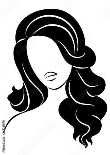 Silhouette of a head of a sweet lady. The girl shows her hairstyle on long and medium hair. The woman is beautiful and stylish. Vector illustration.