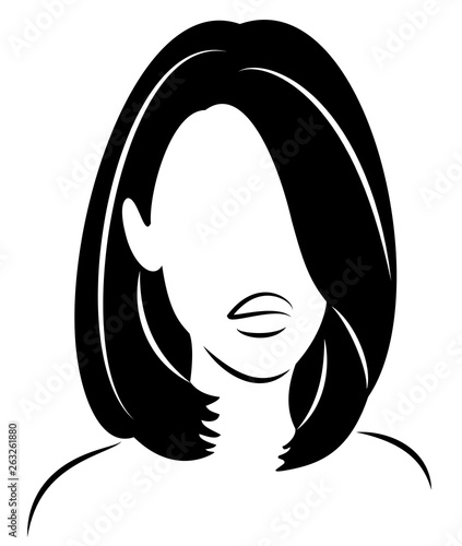 Silhouette of a head of a sweet lady. The girl shows her hairstyle on long and medium hair. The woman is beautiful and stylish. Vector illustration.