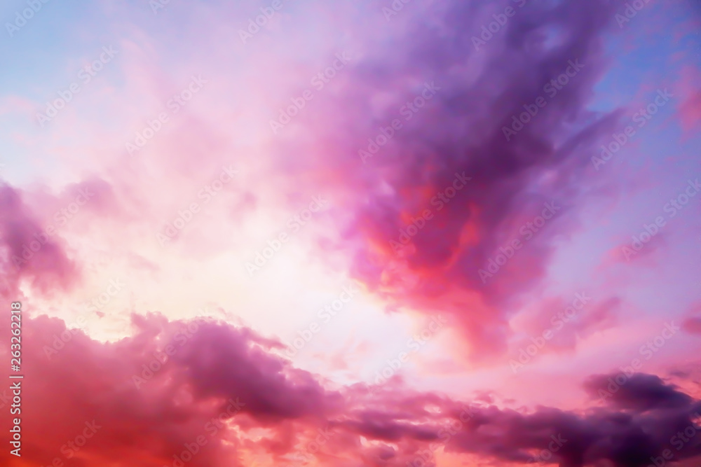 Dramatic atmosphere panorama view of colorful fantasy twilight sky and clouds with vivid shiny sunlight.