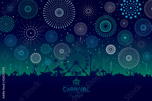 Vector illustration of the carnival funfair design with fireworks background.