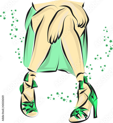 Cute hand drawn legs in green court shoes. Fashion accessories. Sketch