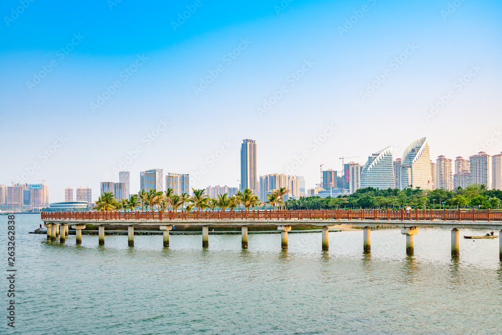 Fototapeta premium Bridges and buildings in Golden Bay, Zhanjiang city