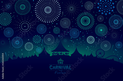 Vector illustration of the carnival funfair design with fireworks background.