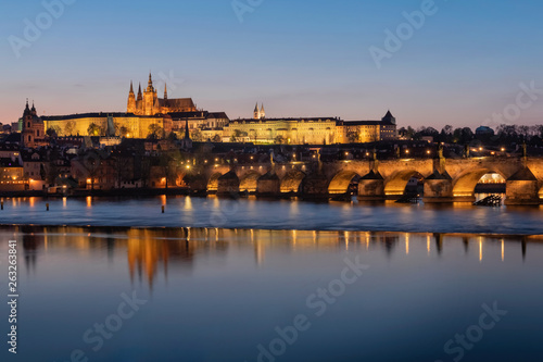 Typical and very popular panorama of Prague during twilight blue hour.