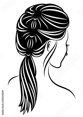Silhouette profile of a cute lady's head. The girl shows the female hairstyle braid on medium and long hair. Suitable for advertising, logo. Vector illustration.