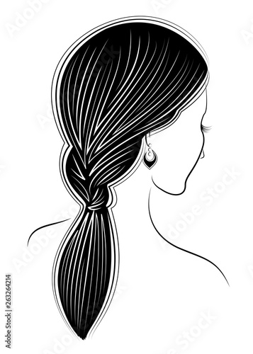 Silhouette profile of a cute lady's head. The girl shows the female hairstyle braid on medium and long hair. Suitable for advertising, logo. Vector illustration.