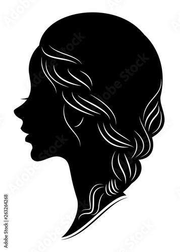 Silhouette profile of a cute lady's head. The girl shows the female hairstyle braid on medium and long hair. Suitable for advertising, logo. Vector illustration.