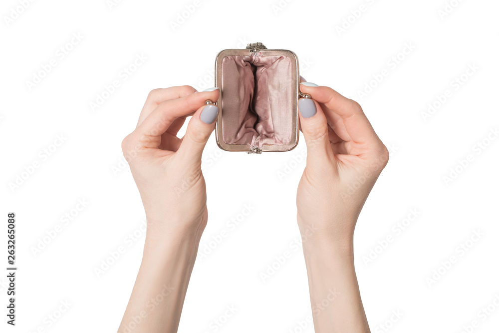 Fototapeta premium Empty open metal wallet in female hands isolate on white background