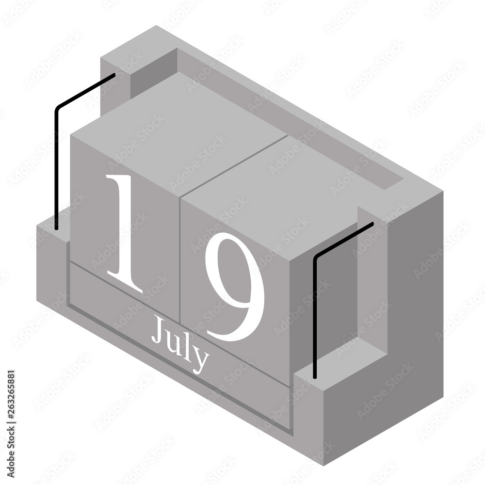 July 19th date on a single day calendar. Gray wood block calendar present date 19 and month July isolated on white background. Holiday. Season. Vector isometric illustration