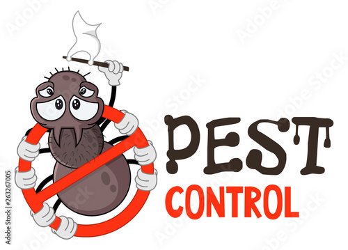 Funny vector illustration of pest control logo for fumigation business. Comic locked spider. Design for print, emblem, t-shirt, sticker, logotype, corporate identity, icon.