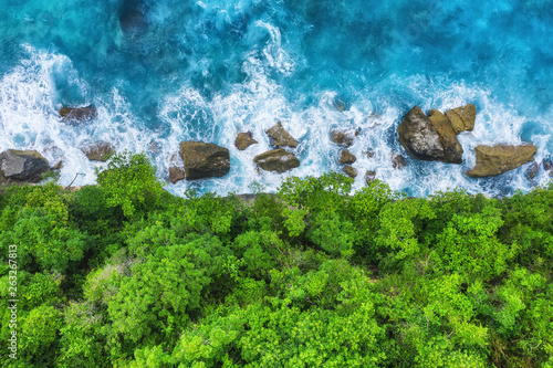 Coast as a background from top view. Turquoise water background from top view. Summer seascape from air. Bali island, Indonesia. Travel - image