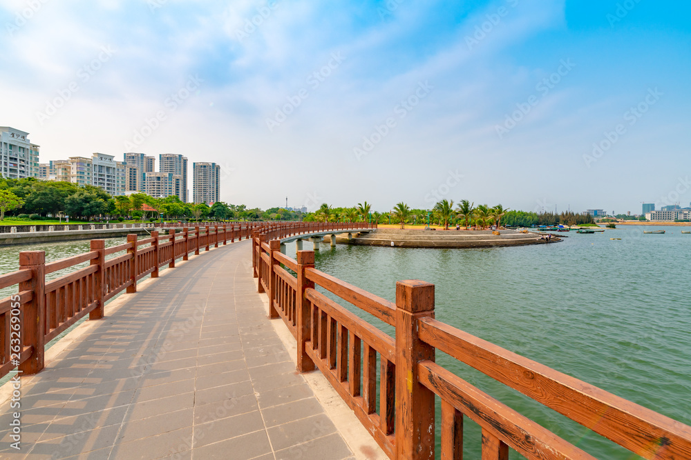 Bridges and buildings in Golden Bay, Zhanjiang city