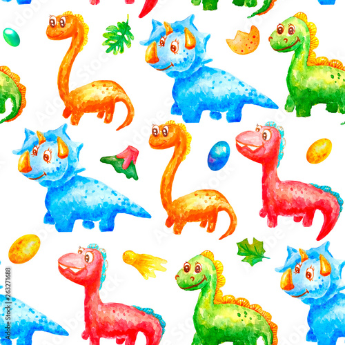 Seamless pattern watercolor colorful dinosaurs with eggs  trace  volcano ana leafs on white background. For wallpaper or print or textile about dragon for kids.