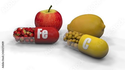 3D illustration of two capsules, tablets with iron trace element "Fe" and vitamin "C", ascorbic acid isolated on a white background. 3D rendering of Apple and lemon fruits. Idea for advertising.