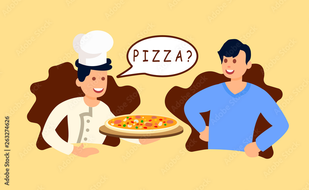 Chef Giving Pizza to Customer Vector Illustration Chef Giving Pizza to Customer Vector Illustration