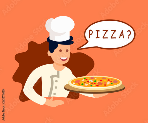 Chef Offering Pizza to Client Vector Illustration