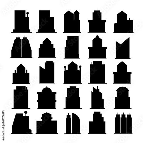silhouette building tower icons, skyscraper set on white background